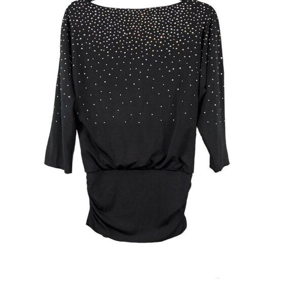 ❤️361 White House Black Market Silver Studded 3/4 Dolman Sleeve Black Ruched Top - Picture 4 of 8